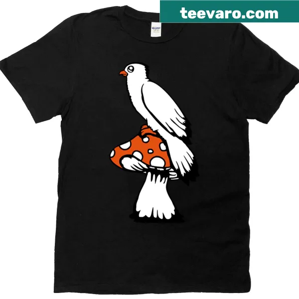 Cute bird on a mushroom graphic with playful polka dots