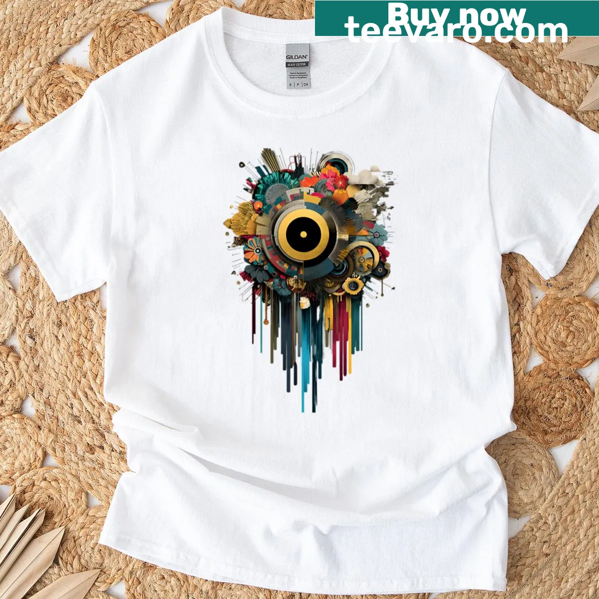 Blooming flowers and circuitry design T-shirt — on a men's t-shirt