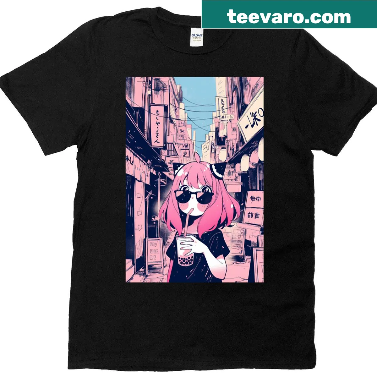 Kawaii anime girl with boba tea on an oversized t-shirt — on a men's t-shirt