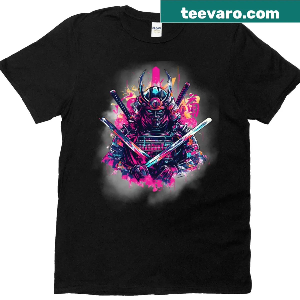 Illustrative graphic of samurai scene on t-shirt — on a men's t-shirt