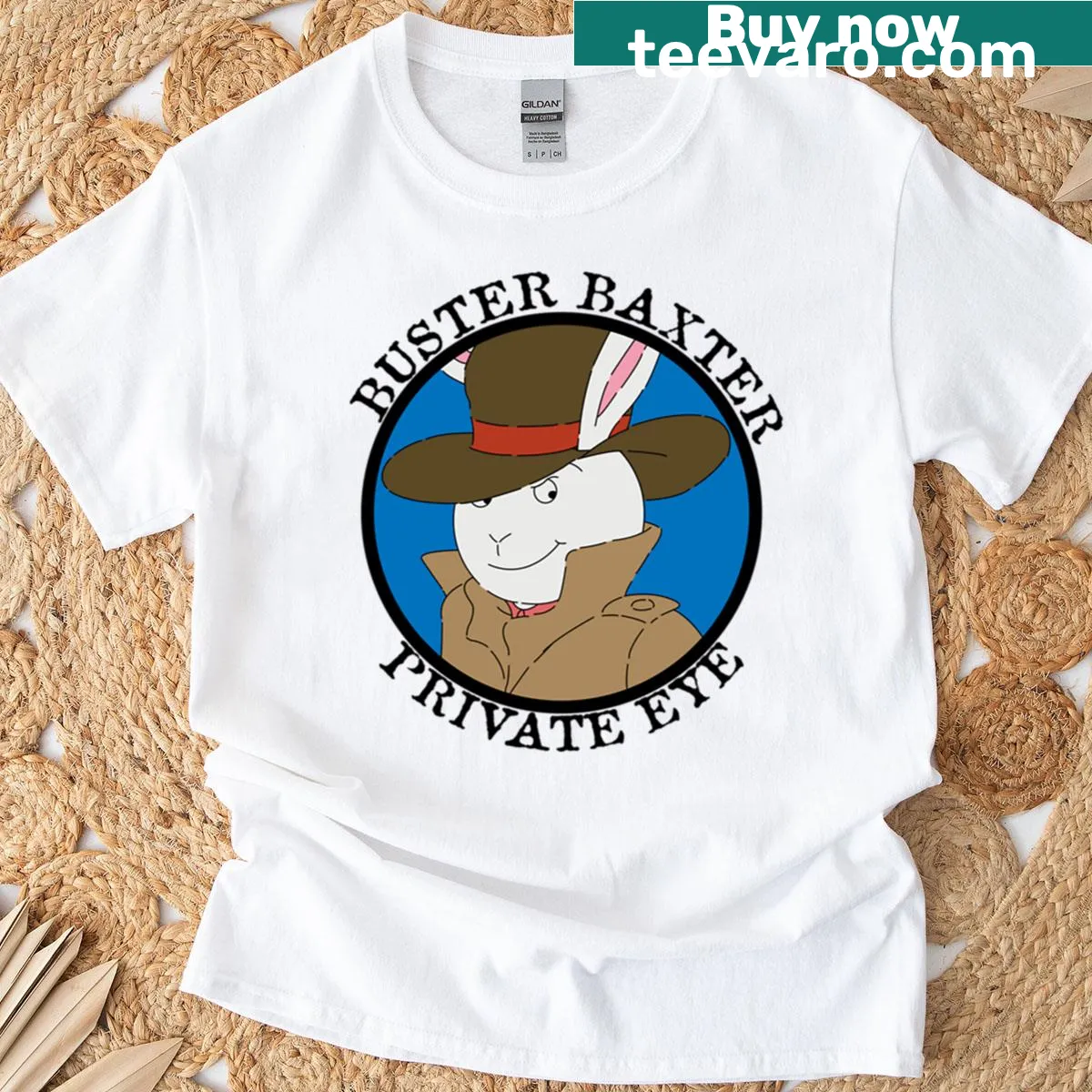 Buster Baxter private eye logo t-shirt — on a men's t-shirt