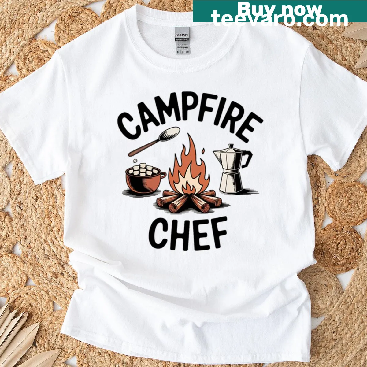 Vintage style T-shirt featuring campfire cooking theme — on a men's t-shirt