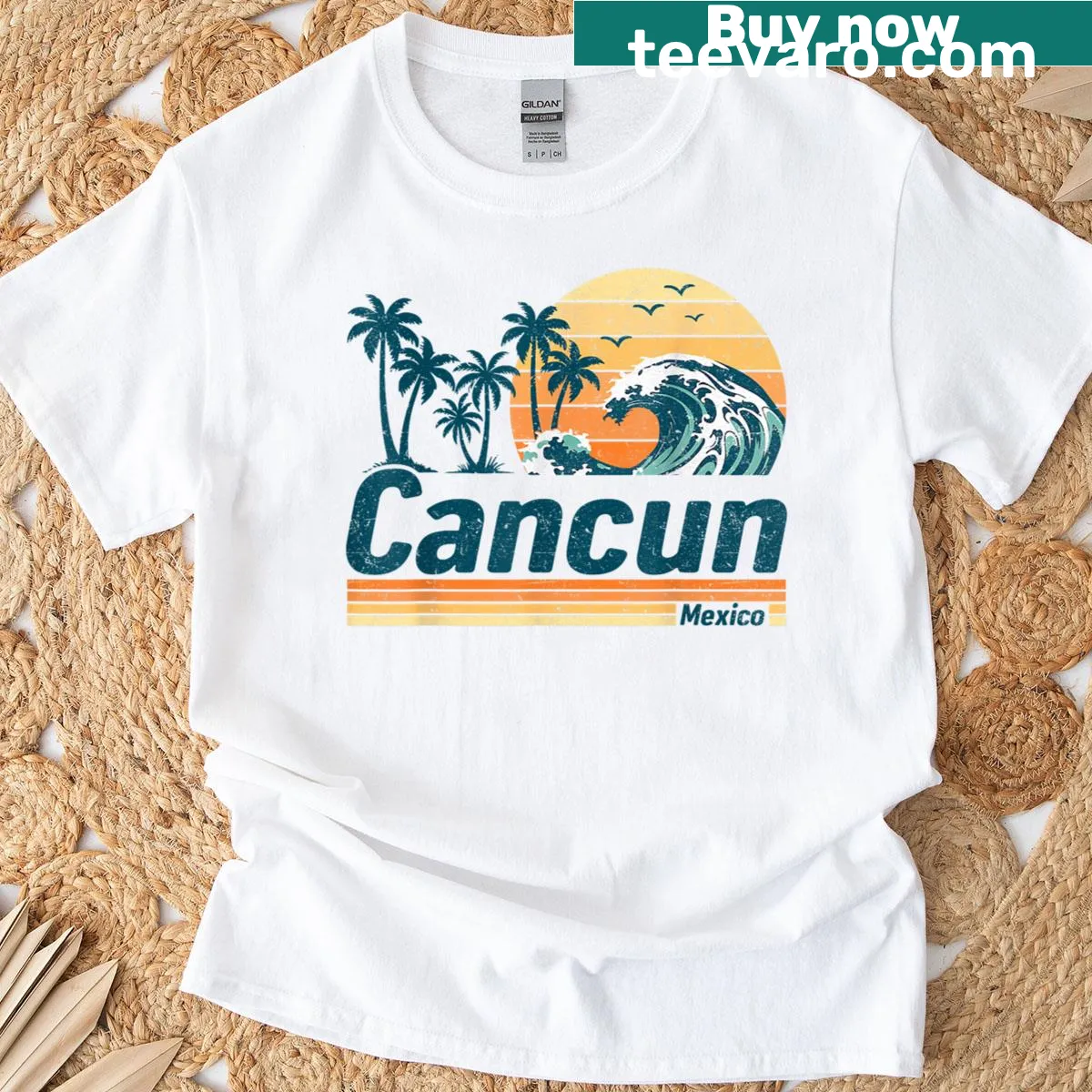 Illustrated T-shirt celebrating Cancun family vacations — on a men's t-shirt