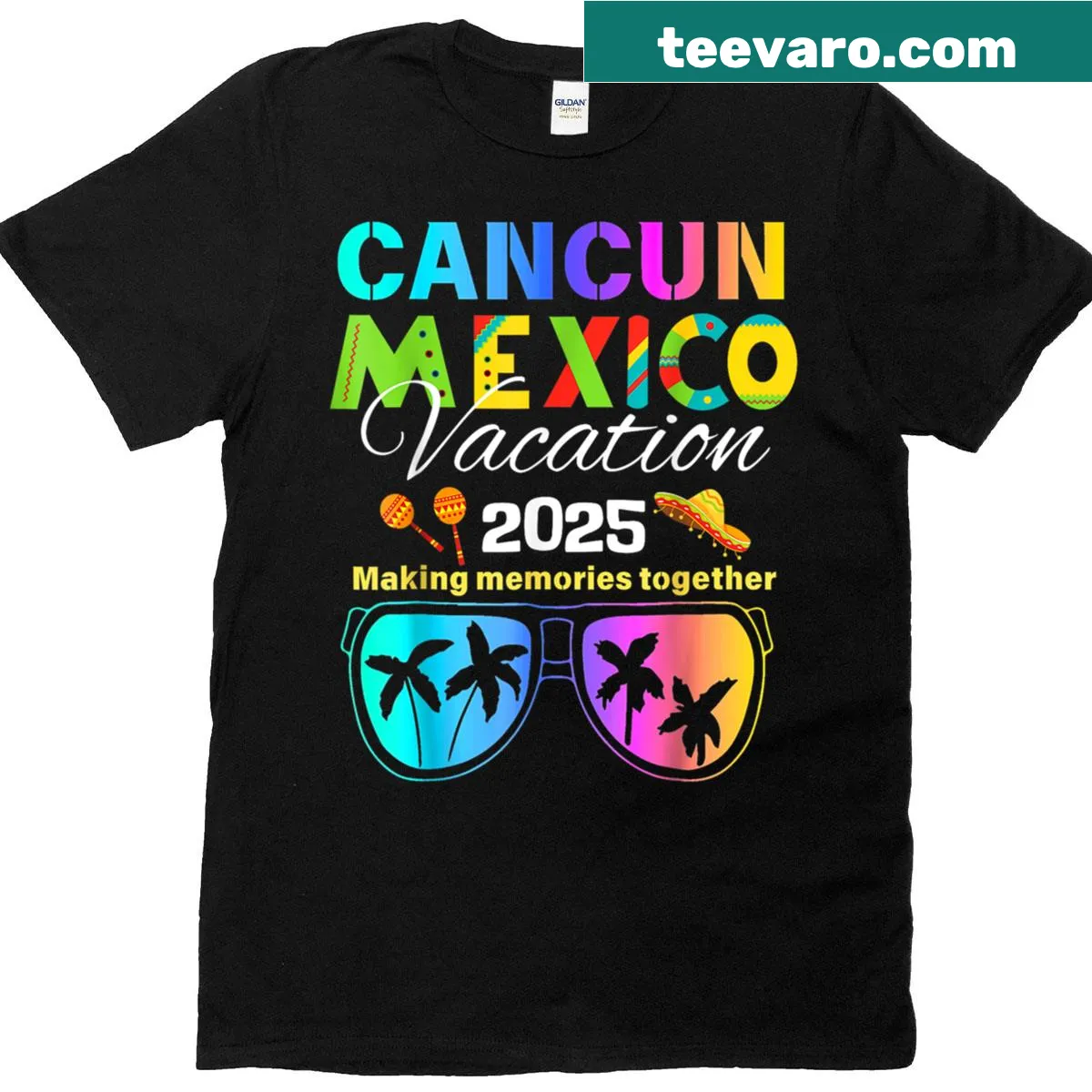 Illustrated T-shirt celebrating a Cancun vacation with friends — on a men's t-shirt