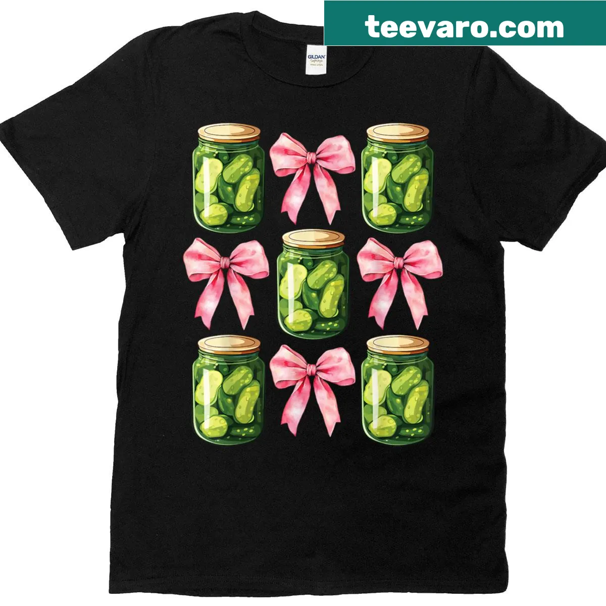 Cute aesthetic t-shirt with a girl, bows, and a pickle jar illustration — on a men's t-shirt