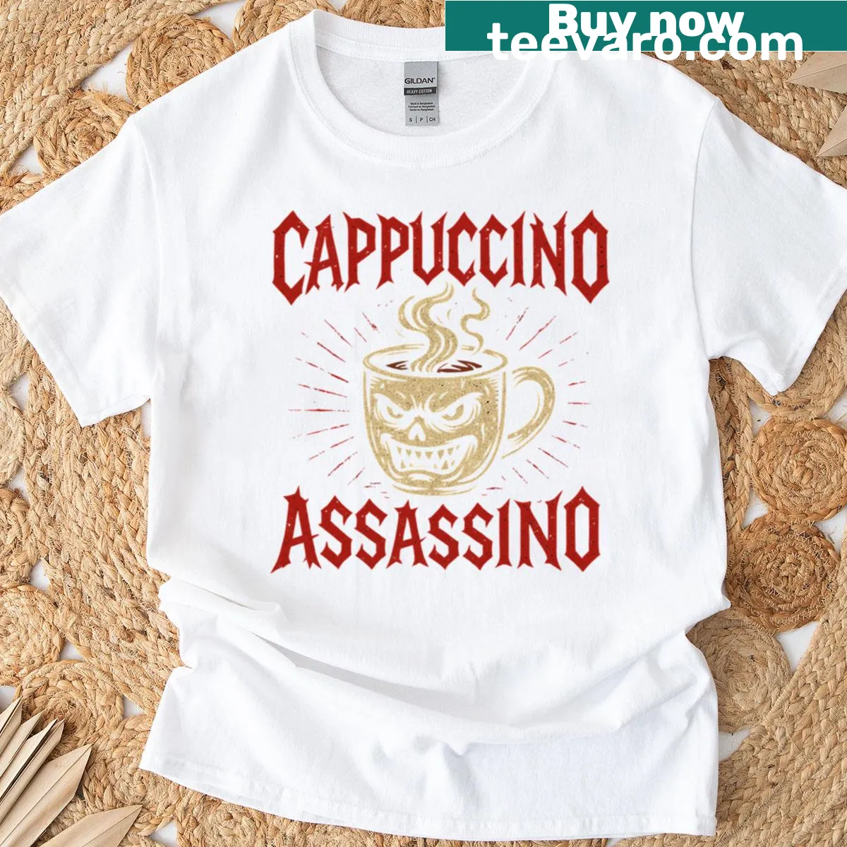 Edgy T-shirt featuring cappuccino-themed pop art graphic — on a men's t-shirt