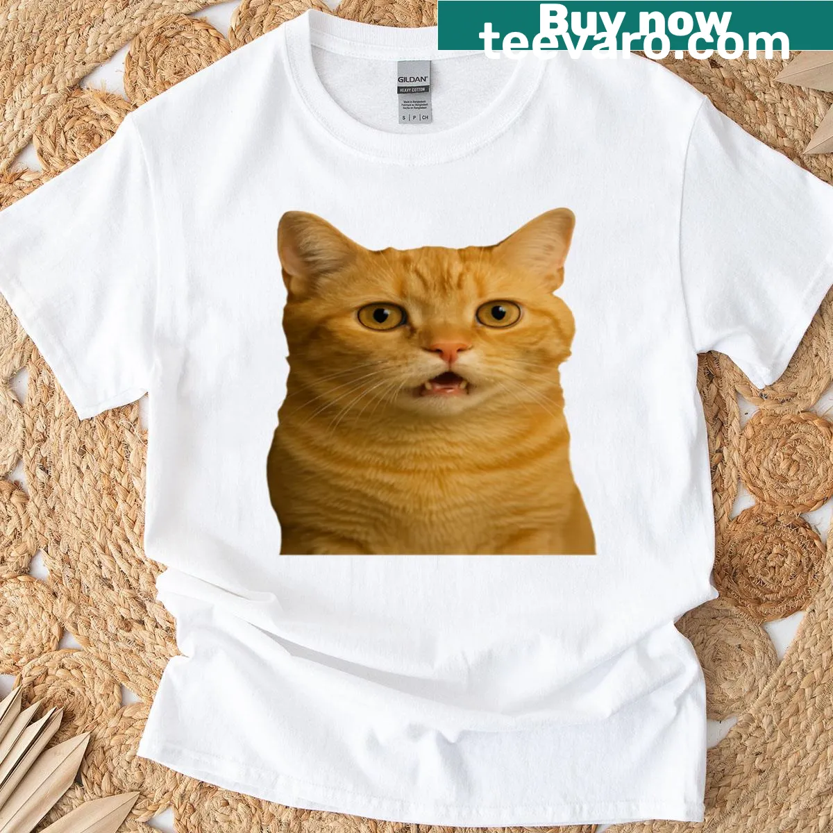 Humorous cat meme t-shirt with graphic and text about being speechless — on a men's t-shirt
