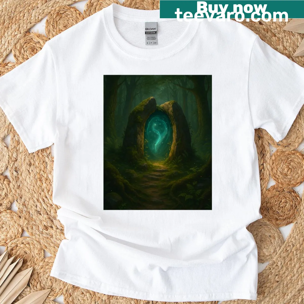 Surreal t-shirt design featuring a celestial cave and dreamlike portal illustration — on a men's t-shirt