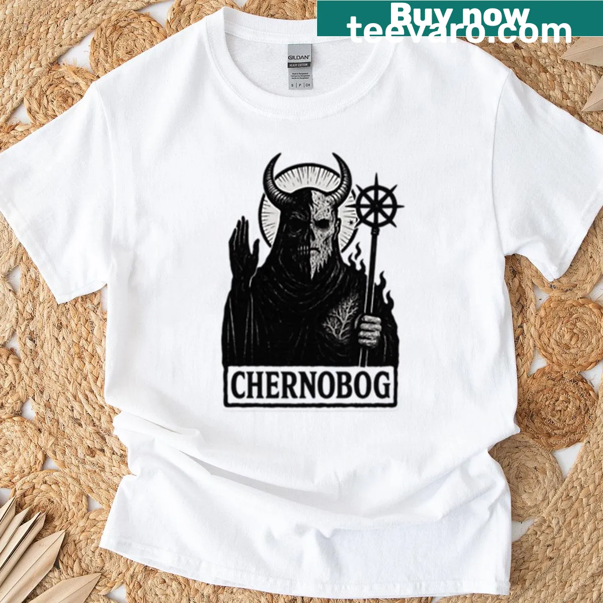 Illustration of Chernobog, the Slavic deity, on a T-shirt — on a men's t-shirt