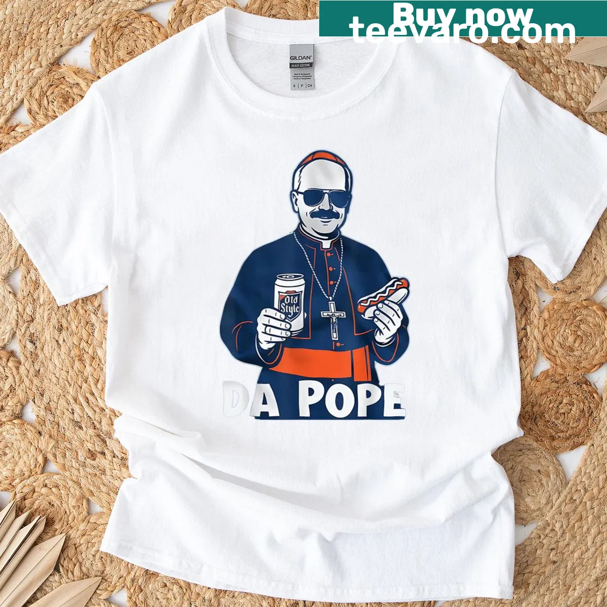 Funny Catholic humor T-shirt with witty hand-lettered design — on a men's t-shirt