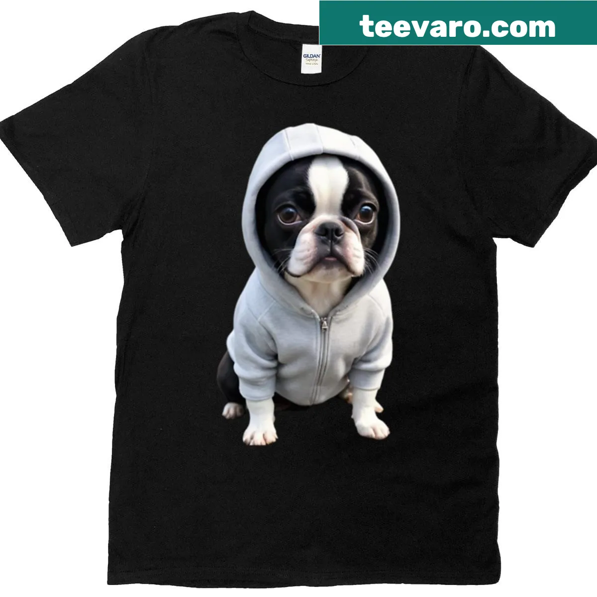 Chill Guy Boston Terrier t-shirt featuring a playful dog graphic — on a men's t-shirt