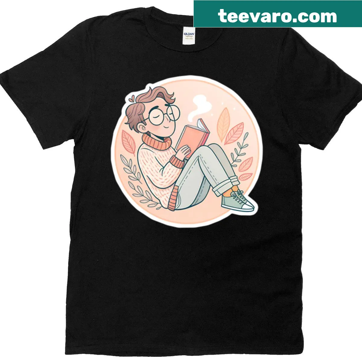 Relaxed guy reading a book graphic t-shirt — on a men's t-shirt