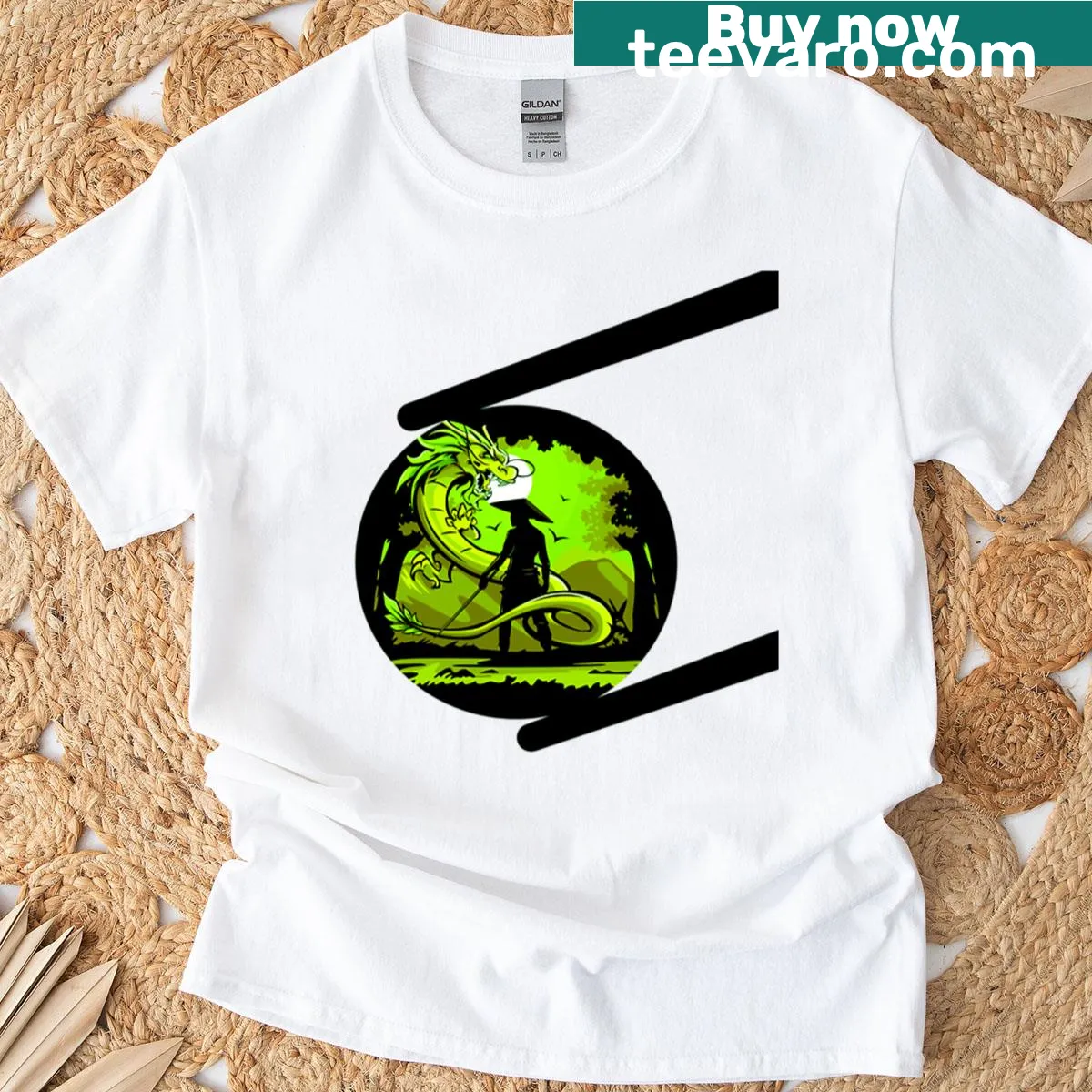 Oversized t-shirt featuring a dragon and chopsticks in a playful design — on a men's t-shirt
