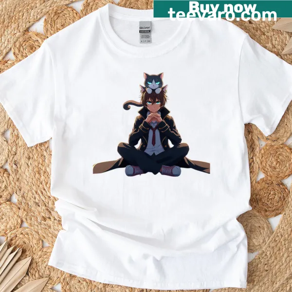Oversized T-shirt featuring a crowned cat in anime style