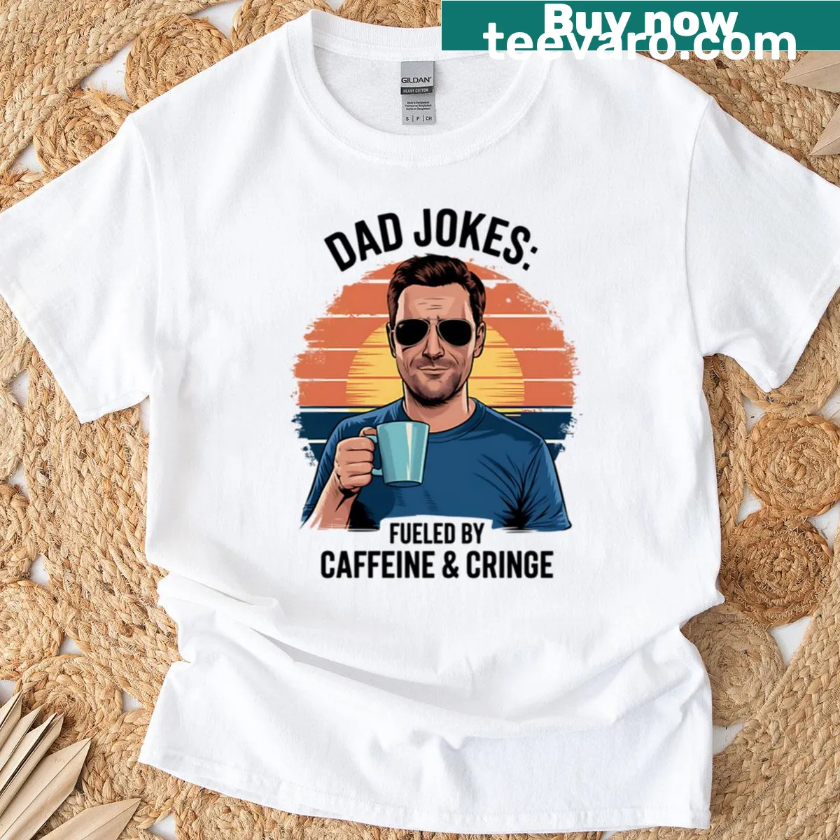 Retro graphic of a coffee guy with sunset vibes on T-shirt — on a men's t-shirt
