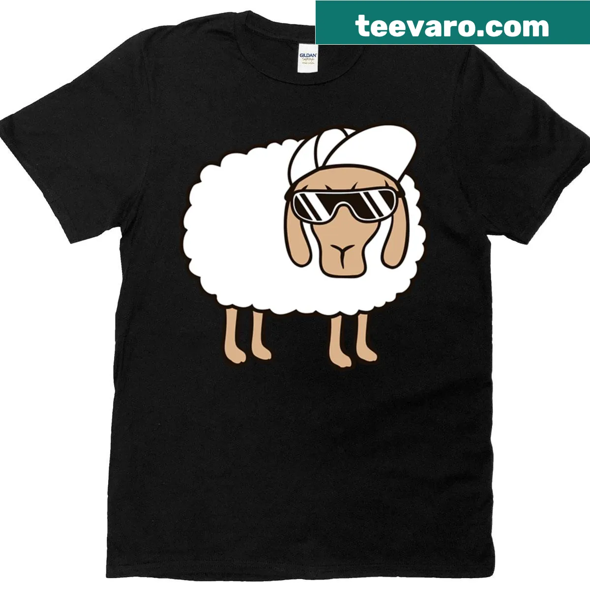 Funny T-shirt featuring a cartoon sheep with sunglasses — on a men's t-shirt