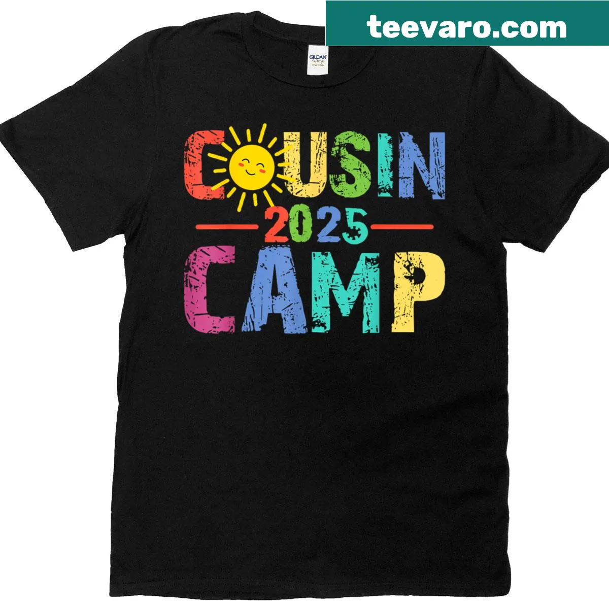 Illustrative T-shirt featuring camping graphics for Cousin Camp 2025. — on a men's t-shirt