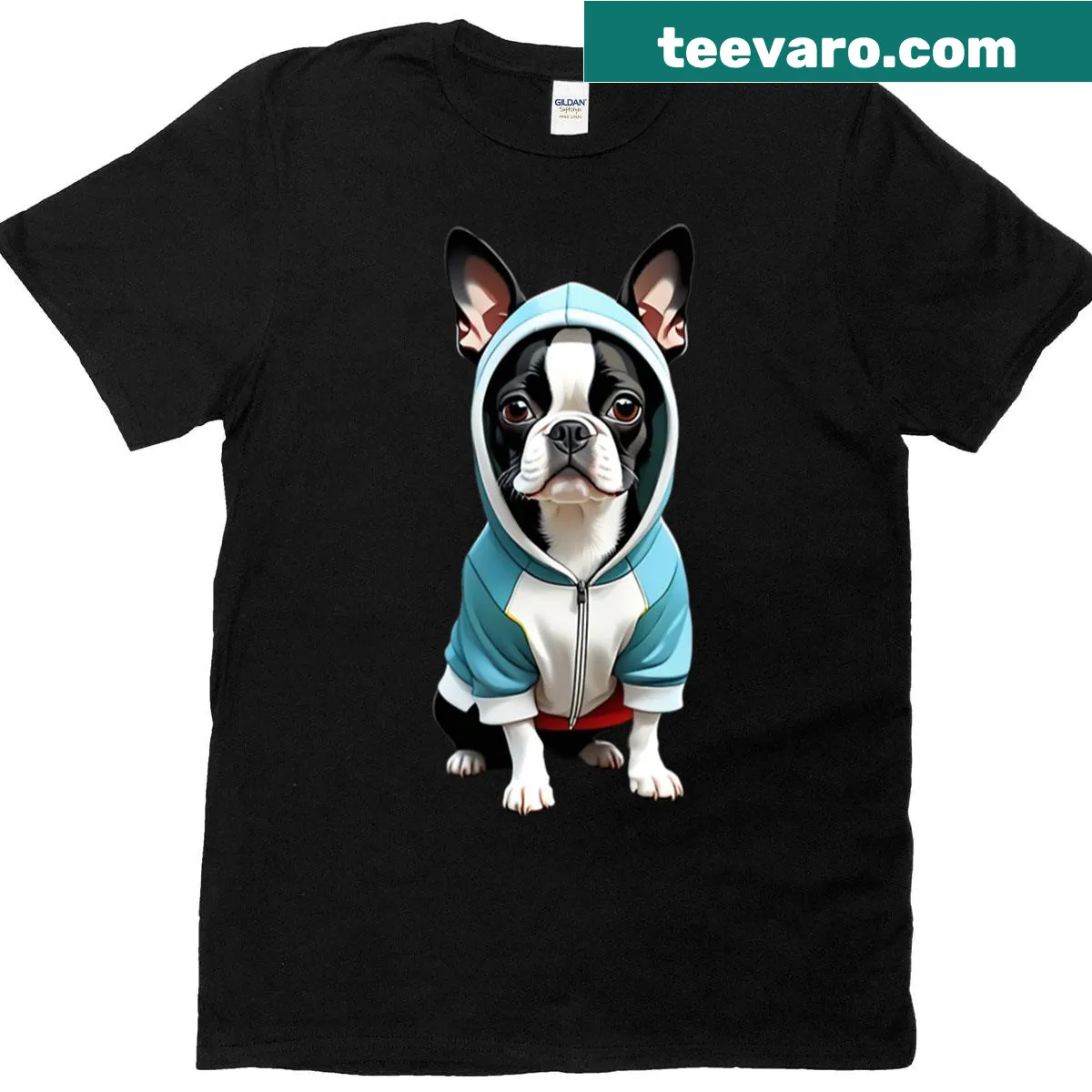 Oversized T-shirt featuring a cozy Boston Terrier illustration. — on a men's t-shirt