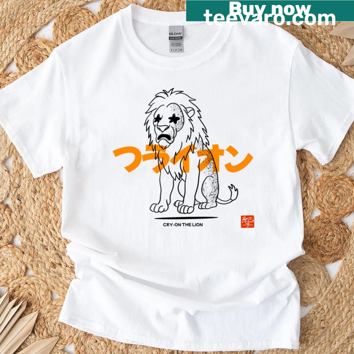 Cute cartoon t-shirt featuring Cry-on the Lion — on a men's t-shirt