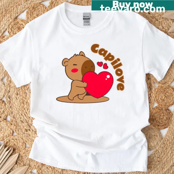 Illustrated capybara with hearts on a T-shirt
