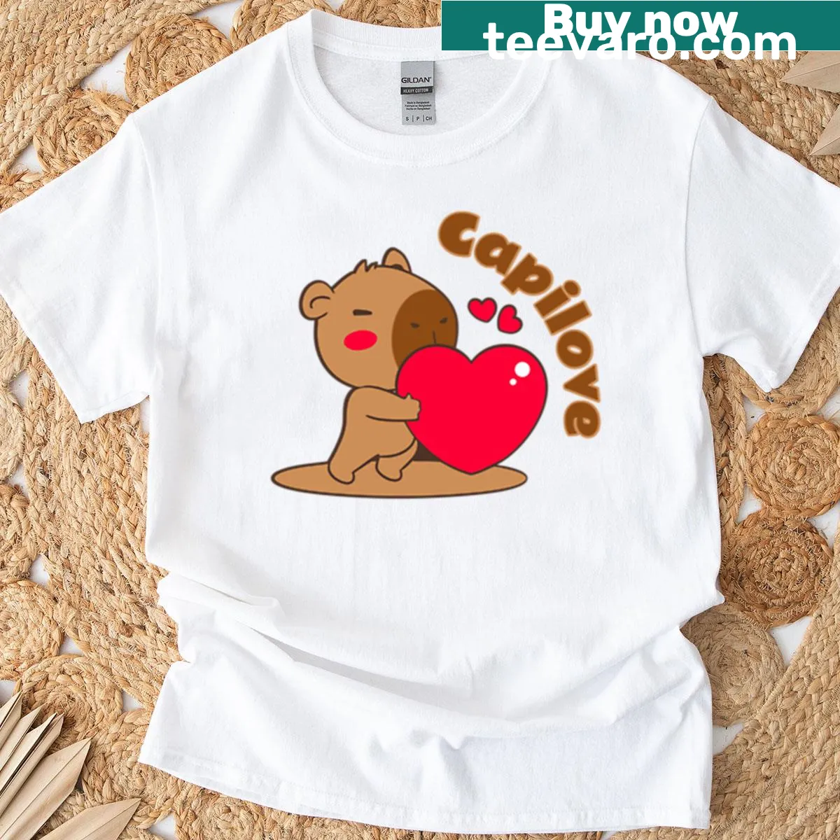Illustrated capybara with hearts on a T-shirt — on a men's t-shirt