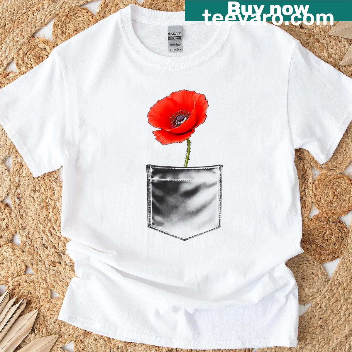 T-shirt featuring a red poppy flower in a pocket design — on a men's t-shirt