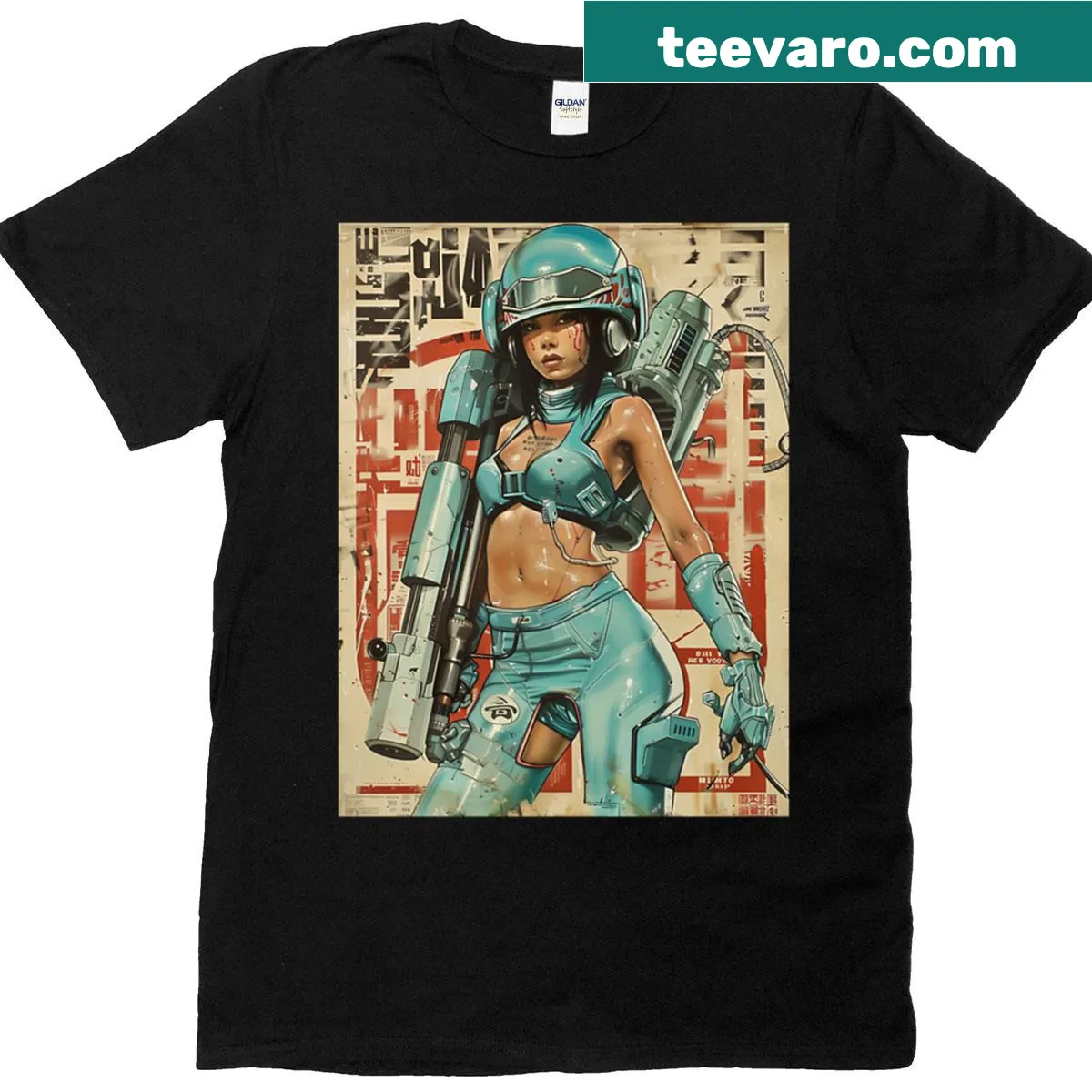 Futuristic cyber geisha graphic T-shirt — on a men's t-shirt