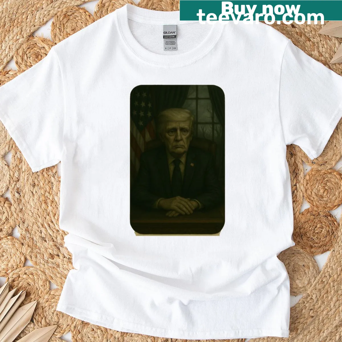 Oversized t-shirt featuring a gothic-style presidential portrait — on a men's t-shirt
