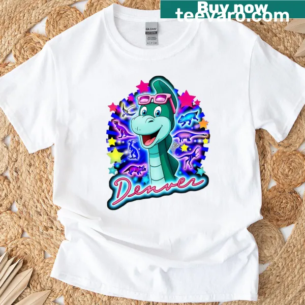 Illustrative T-shirt featuring Denver the dinosaur in a playful pose