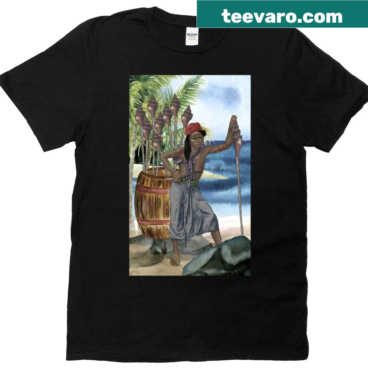 Determination Island Warrior T-shirt with tropical and warrior design — on a men's t-shirt