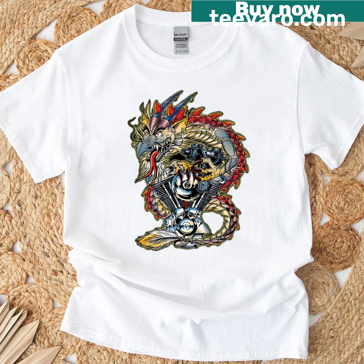 Realistic graphic of a Dragon V Twin motorcycle engine design — on a men's t-shirt