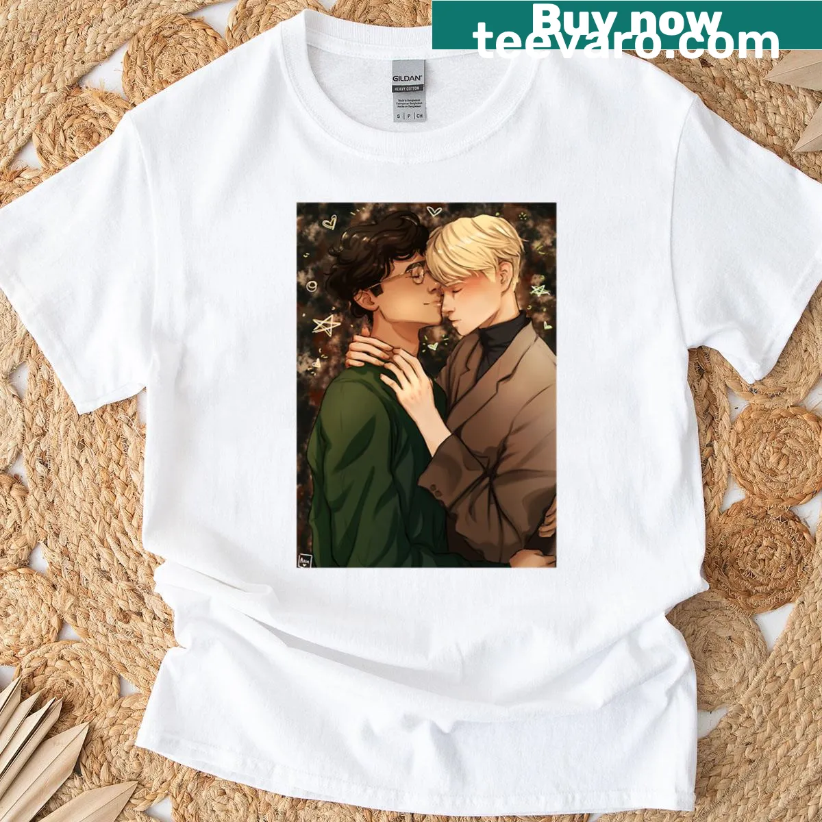 Oversized T-shirt with cartoon graphic inspired by Drarry fan fiction — on a men's t-shirt