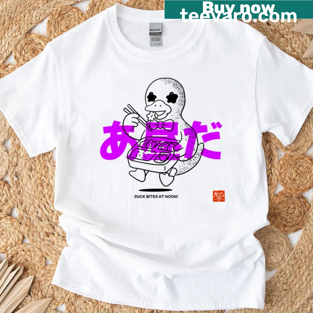 Whimsical T-shirt featuring a cartoon duck ready to bite — on a men's t-shirt