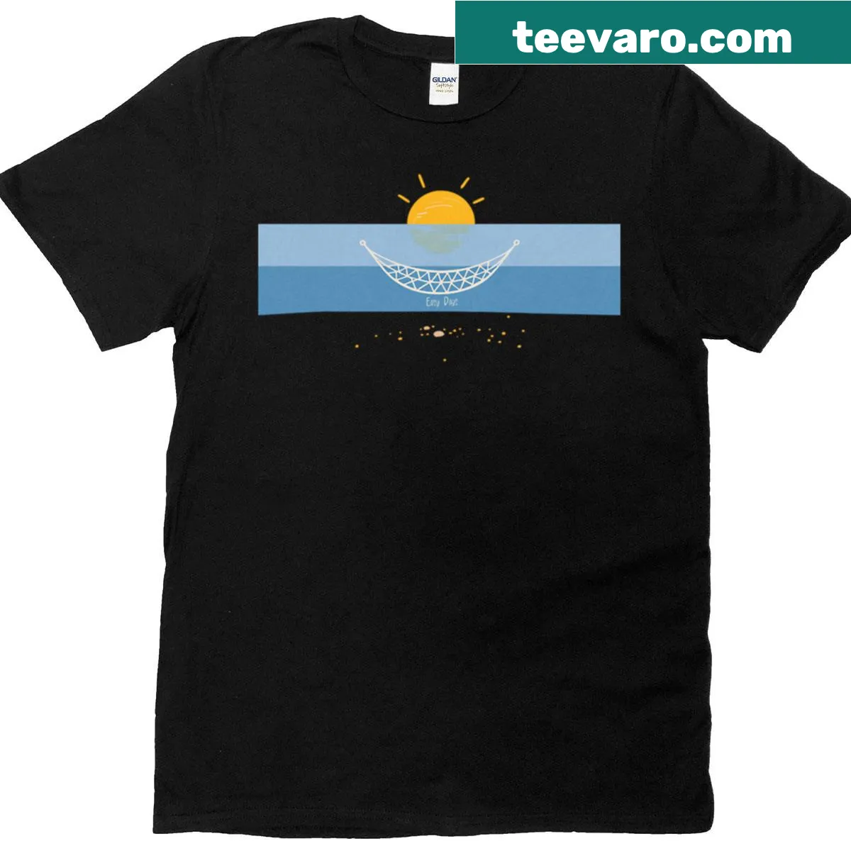 Relaxing hammock under a sunset depicted on a T-shirt. — on a men's t-shirt