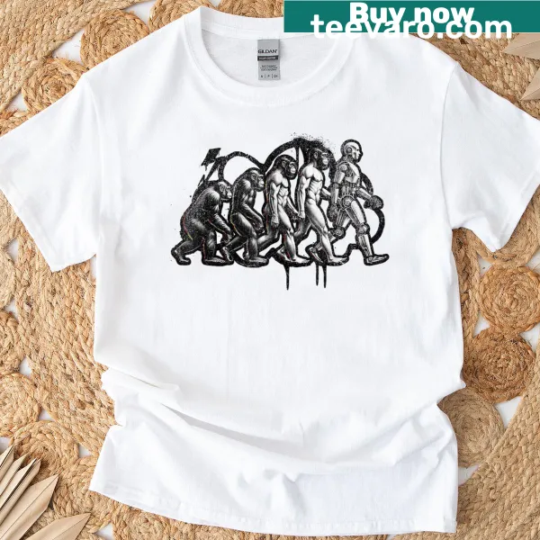 Street art-inspired t-shirt depicting an evolution to AI robots
