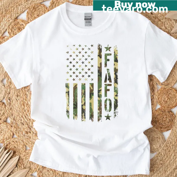 Camo pattern T-shirt featuring a stylized flag design