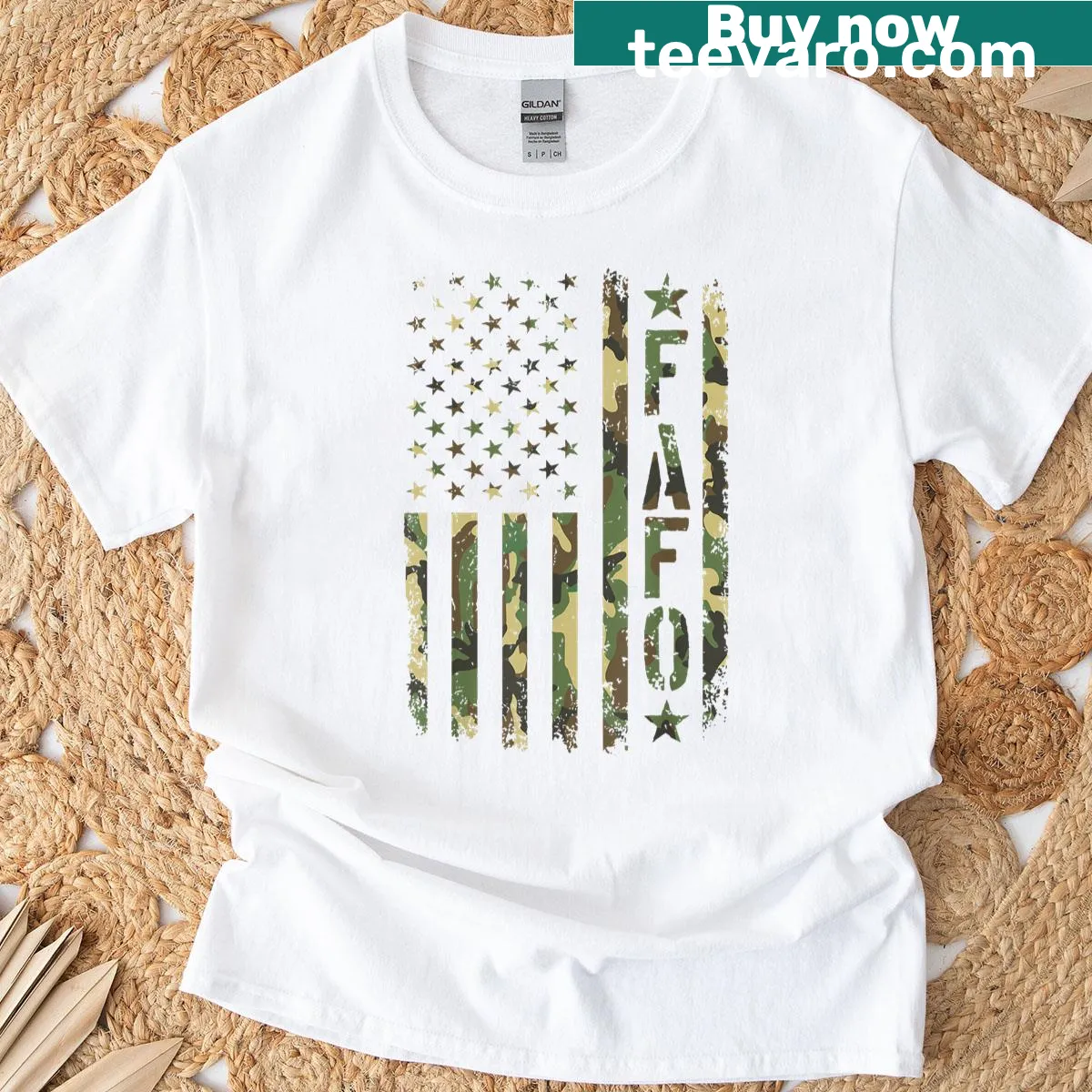 Camo pattern T-shirt featuring a stylized flag design — on a men's t-shirt