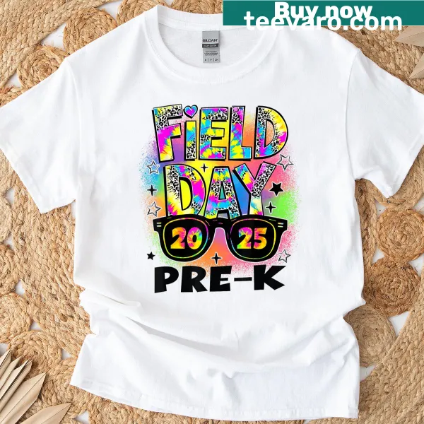 T-shirt celebrating pre-k field day fun with playful graphics.