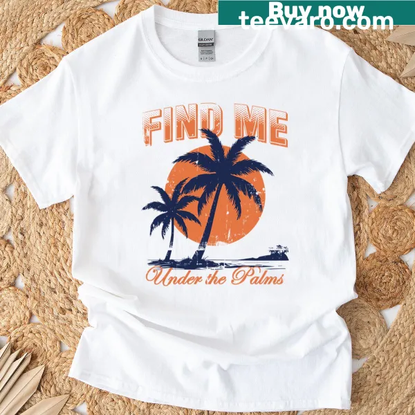 Tropical-themed T-shirt featuring palm trees and beach vibes.