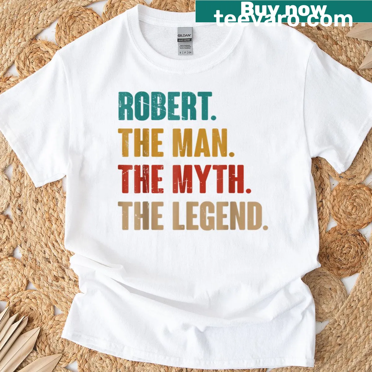 Vintage style T-shirt featuring the name Robert in retro patterns. — on a men's t-shirt