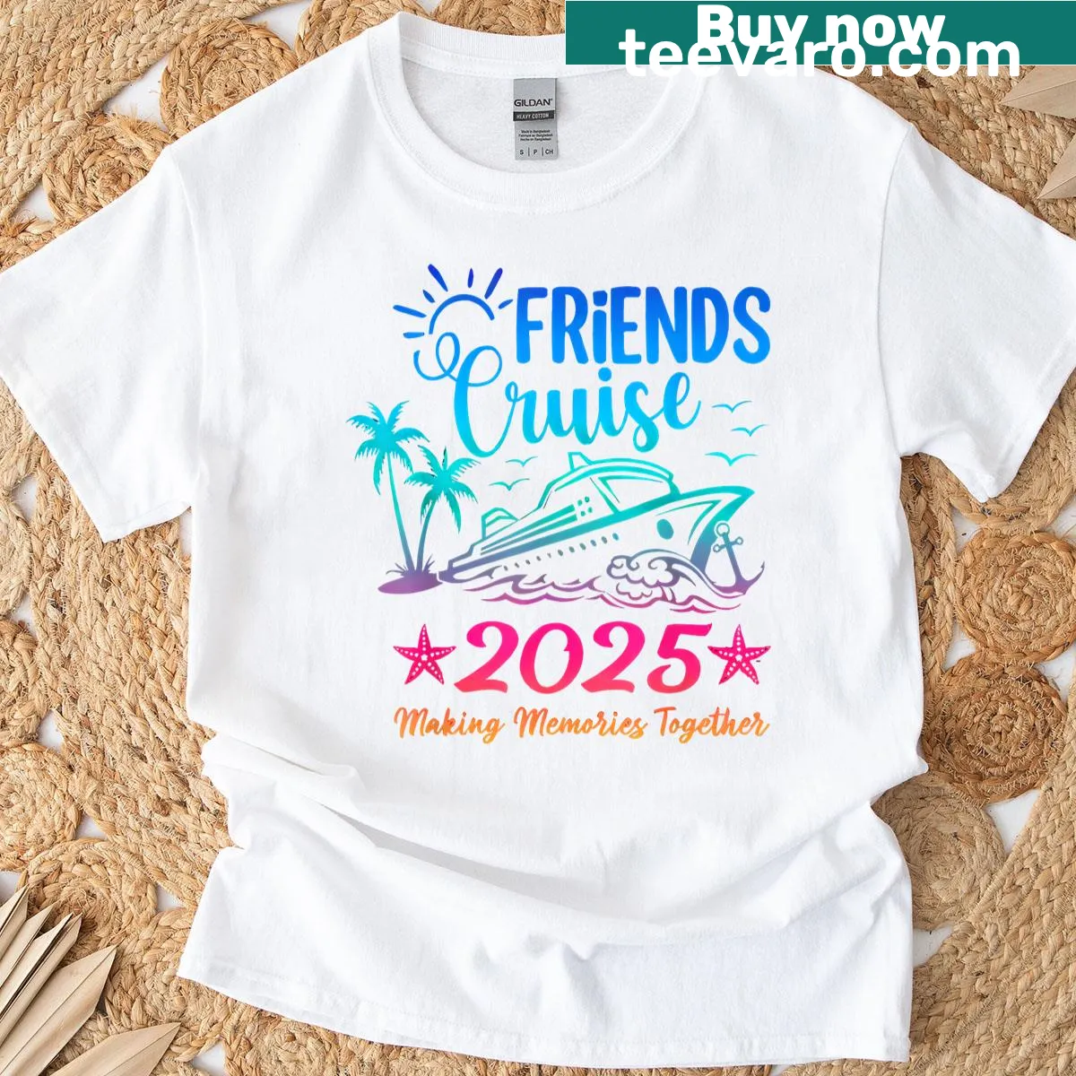 T-shirt commemorating Friends Cruise 2025 with summer and Hawaii theme — on a men's t-shirt