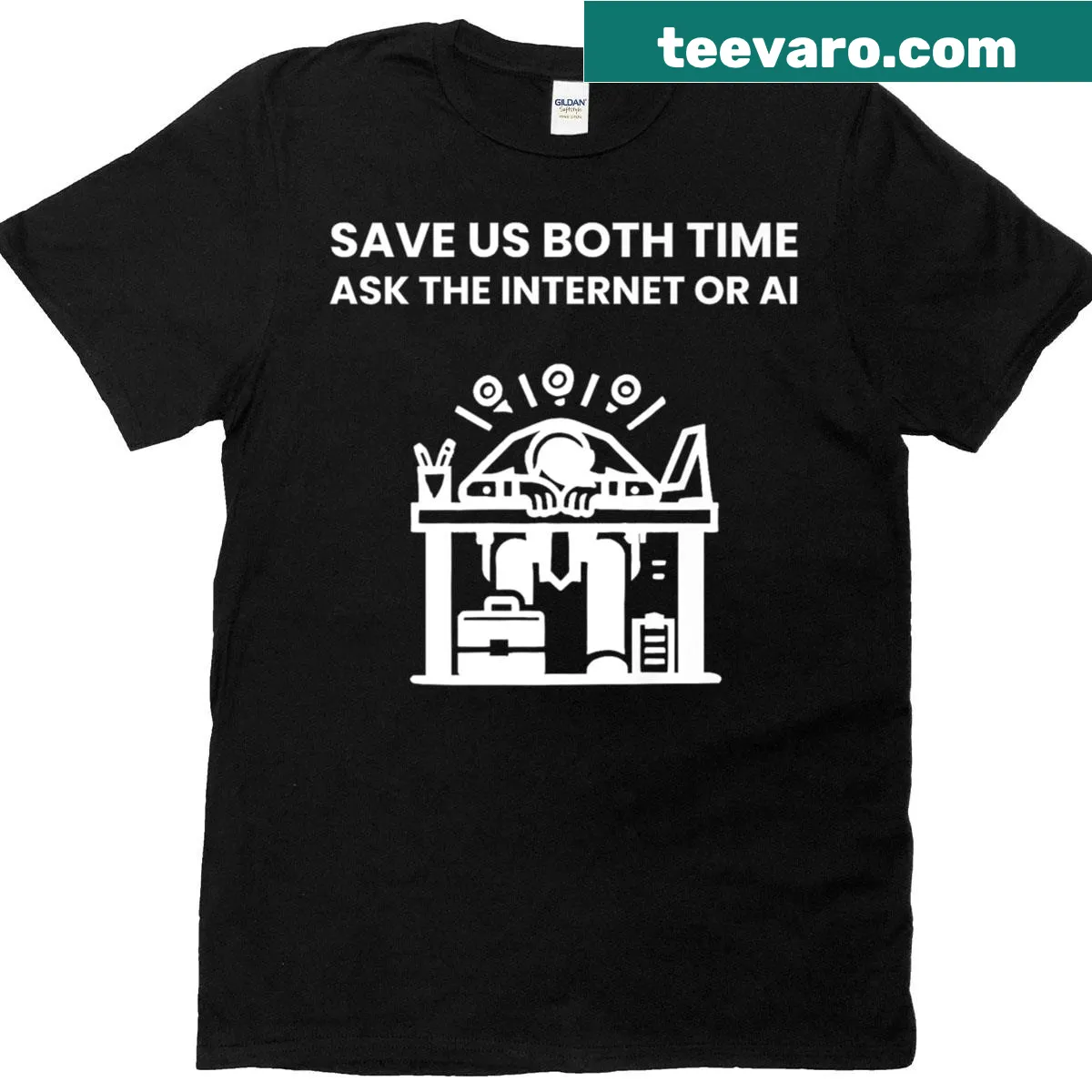 Humorous AI-themed shirt for IT marketing technicians with witty phrases — on a men's t-shirt