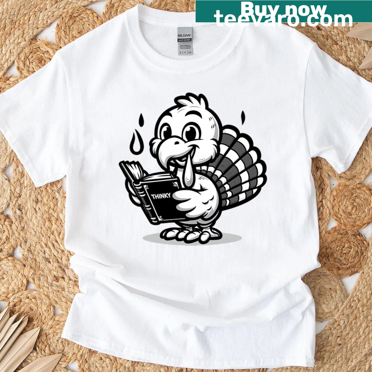 Cute turkey reading a cookbook in a humorous Thanksgiving design — on a men's t-shirt