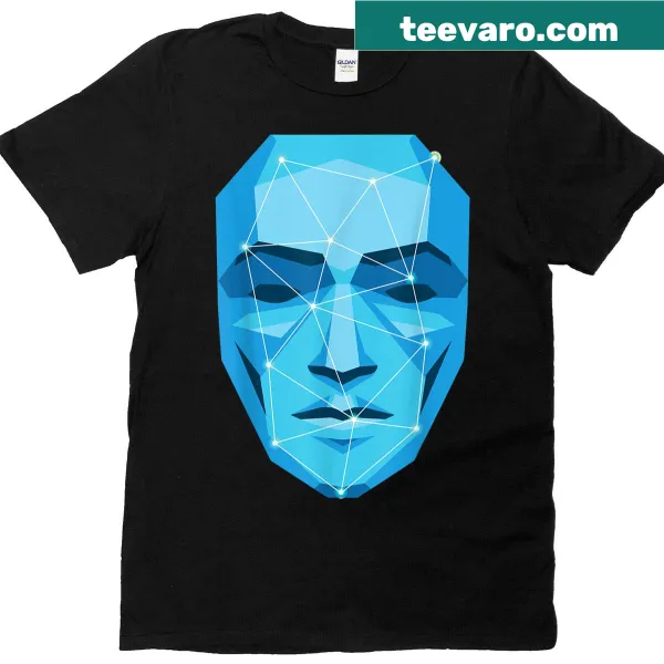 Stylized AI face graphic on a modern T-shirt design
