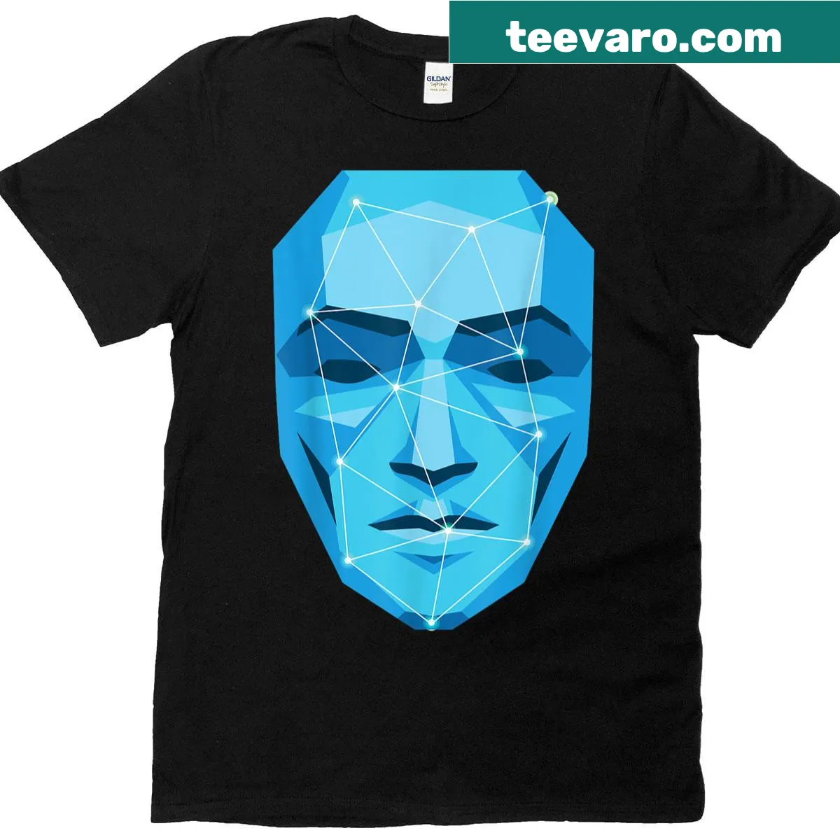 Stylized AI face graphic on a modern T-shirt design — on a men's t-shirt