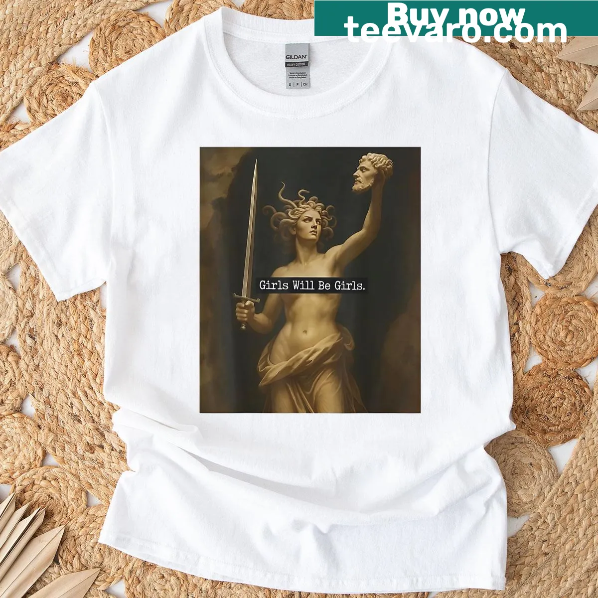 Empowering T-shirt featuring a Medusa illustration with feminist themes. — on a men's t-shirt