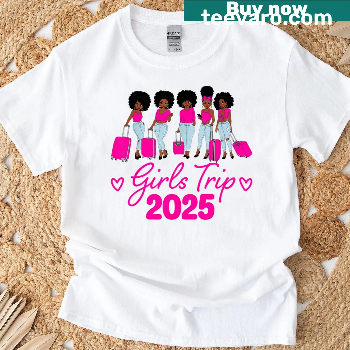 Illustrated t-shirt celebrating friendship among African American women on a trip — on a men's t-shirt