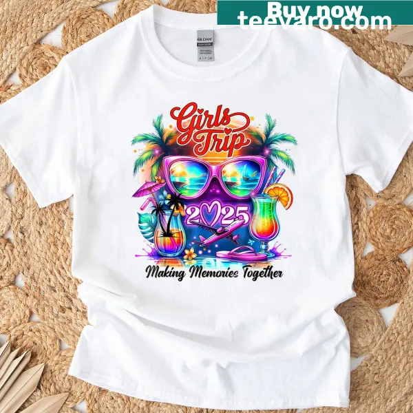 Charming T-shirt featuring graphics celebrating friendship and travel for a girls trip.