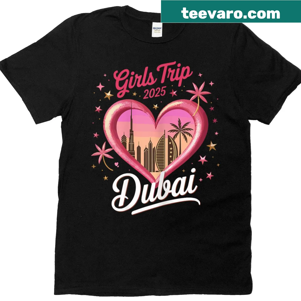 T-shirt celebrating a girls trip to Dubai with skyline graphic — on a men's t-shirt