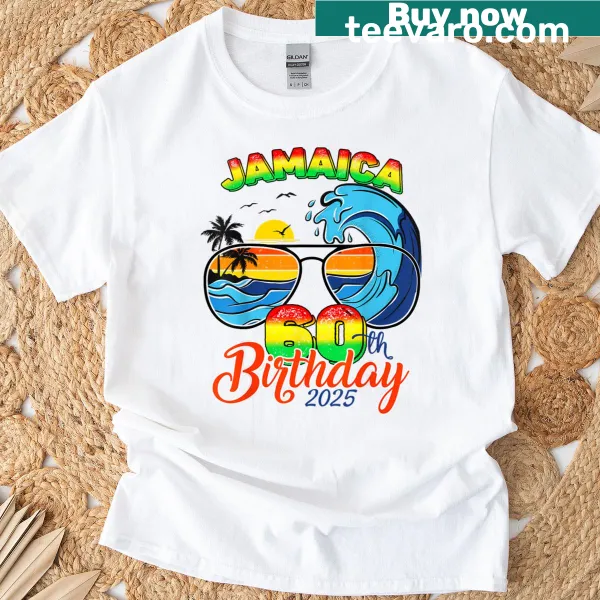 Fun T-shirt celebrating a 60th birthday with graphics for a girls trip to Jamaica.